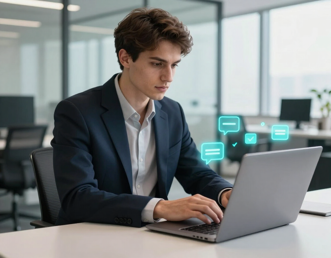 A person typing on a laptop, assisted by an AI chatbot answering customer questions
