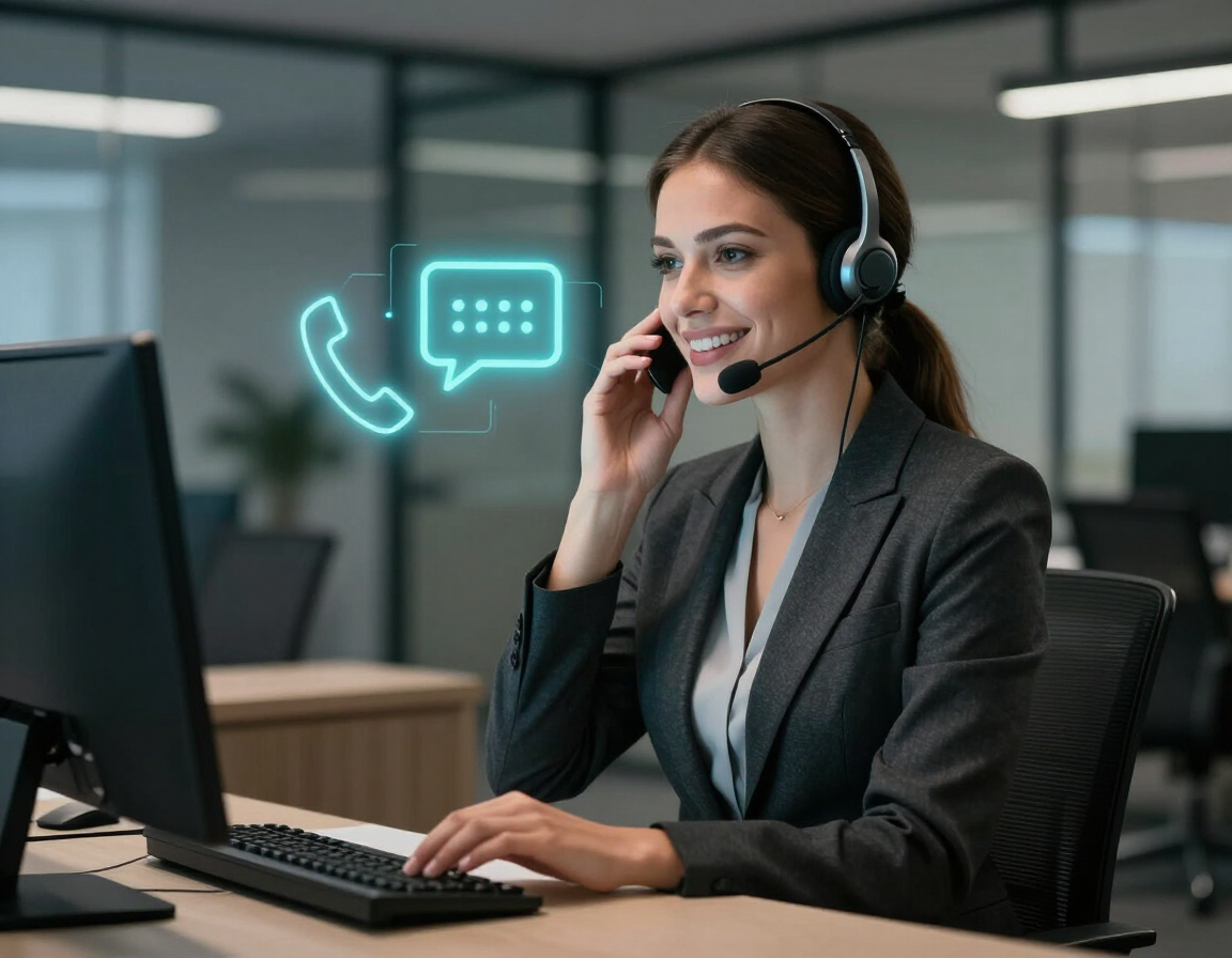 A receptionist wearing a headset, assisted by an AI voice agent handling incoming calls