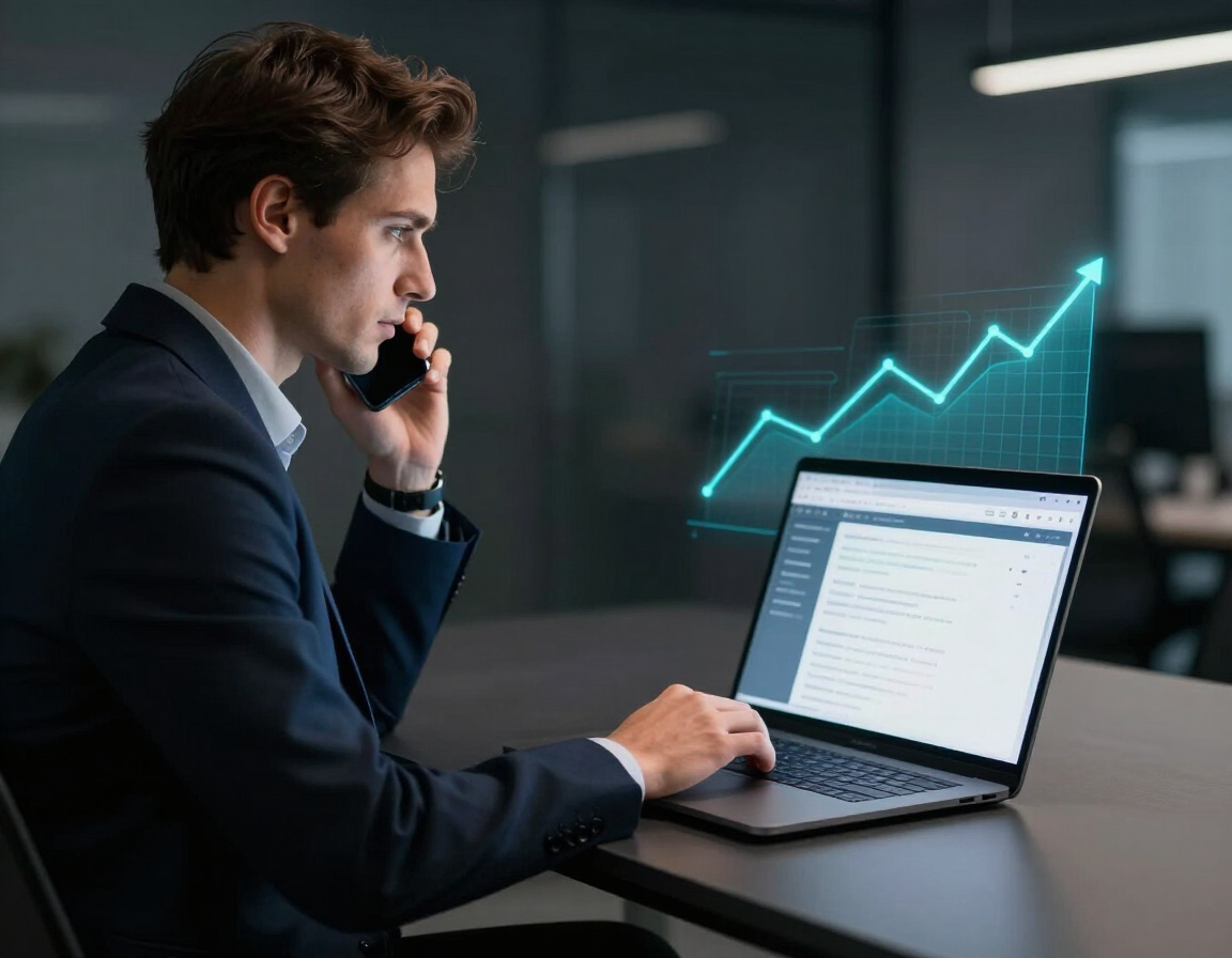 A salesperson on the phone following up a lead, assisted by an AI sales agent connected to a CRM