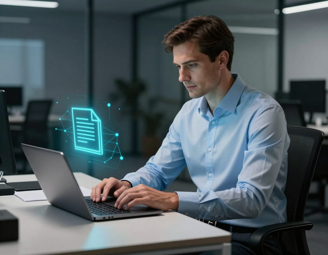 Person reading on a laptop, assisted by AI knowledge graphics