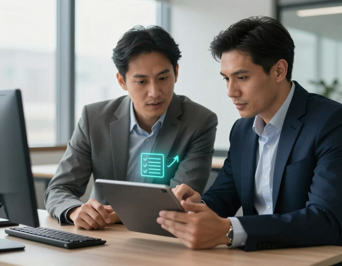 Two colleagues reviewing a plan on a tablet, assisted by AI planning graphics