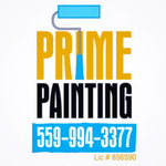 Prime Painting logo with blue paint roller, phone number 559-994-3377, and license 856590