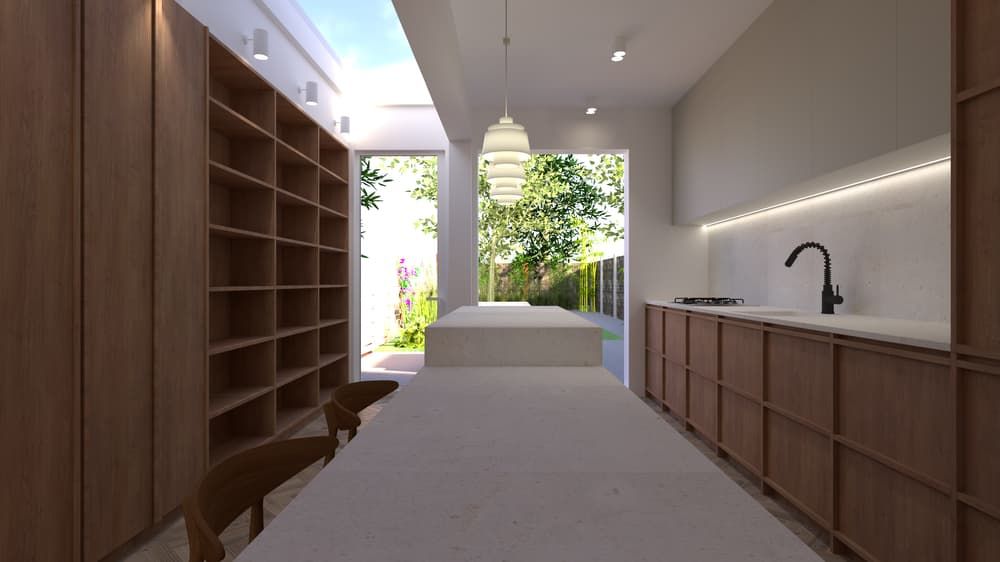 An Artist's Impression of a Kitchen With a Long Table and Wooden Cabinets — PKJ Designs in Thirroul, NSW