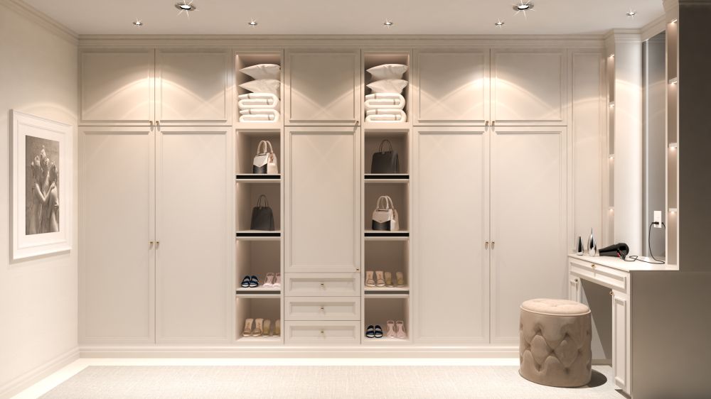 Large White Wardrobes With Shelves, A Desk And Chair — PKJ Designs in Albion Park, NSW