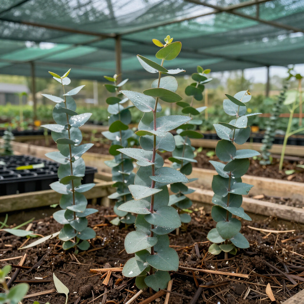 Young eucalyptus saplings in pots inside a greenhouse nursery