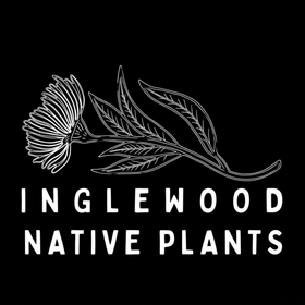 Inglewood Native Plants logo with white native flower and leaves on black background