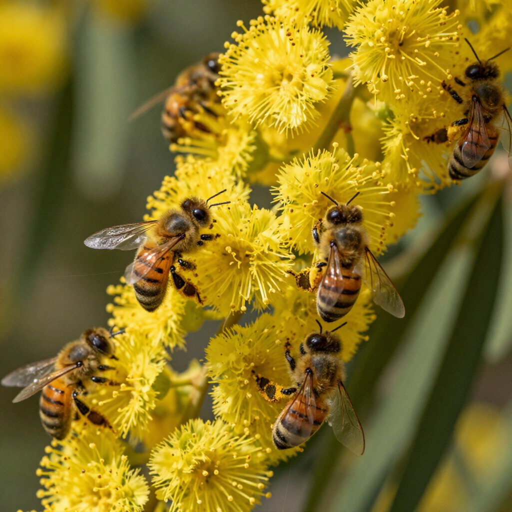 Bees gathering nectar on bright yellow flowers