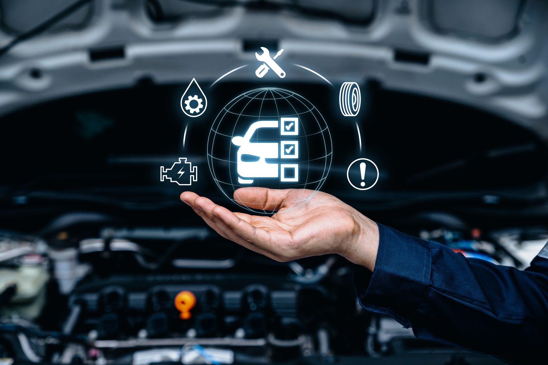 A technician's hand holds a glowing digital interface with car maintenance icons above an open vehicle engine.
