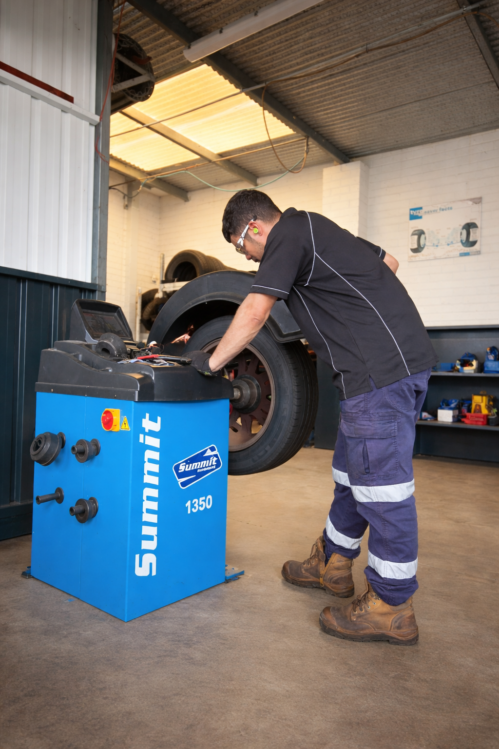 Mechanic using a blue Sunnen machine to service a truck tire in a garage