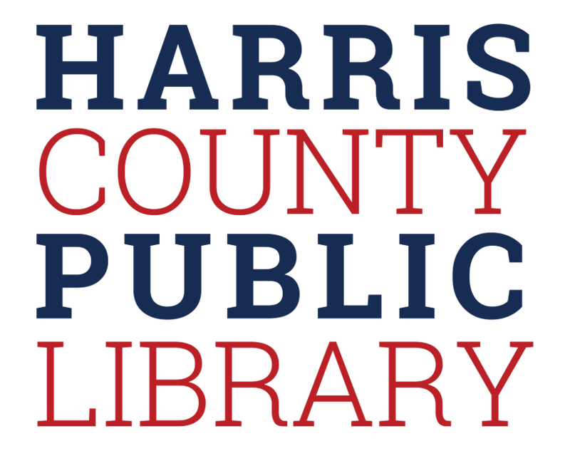 Harris County Public Library logo: blue and red text on white background.