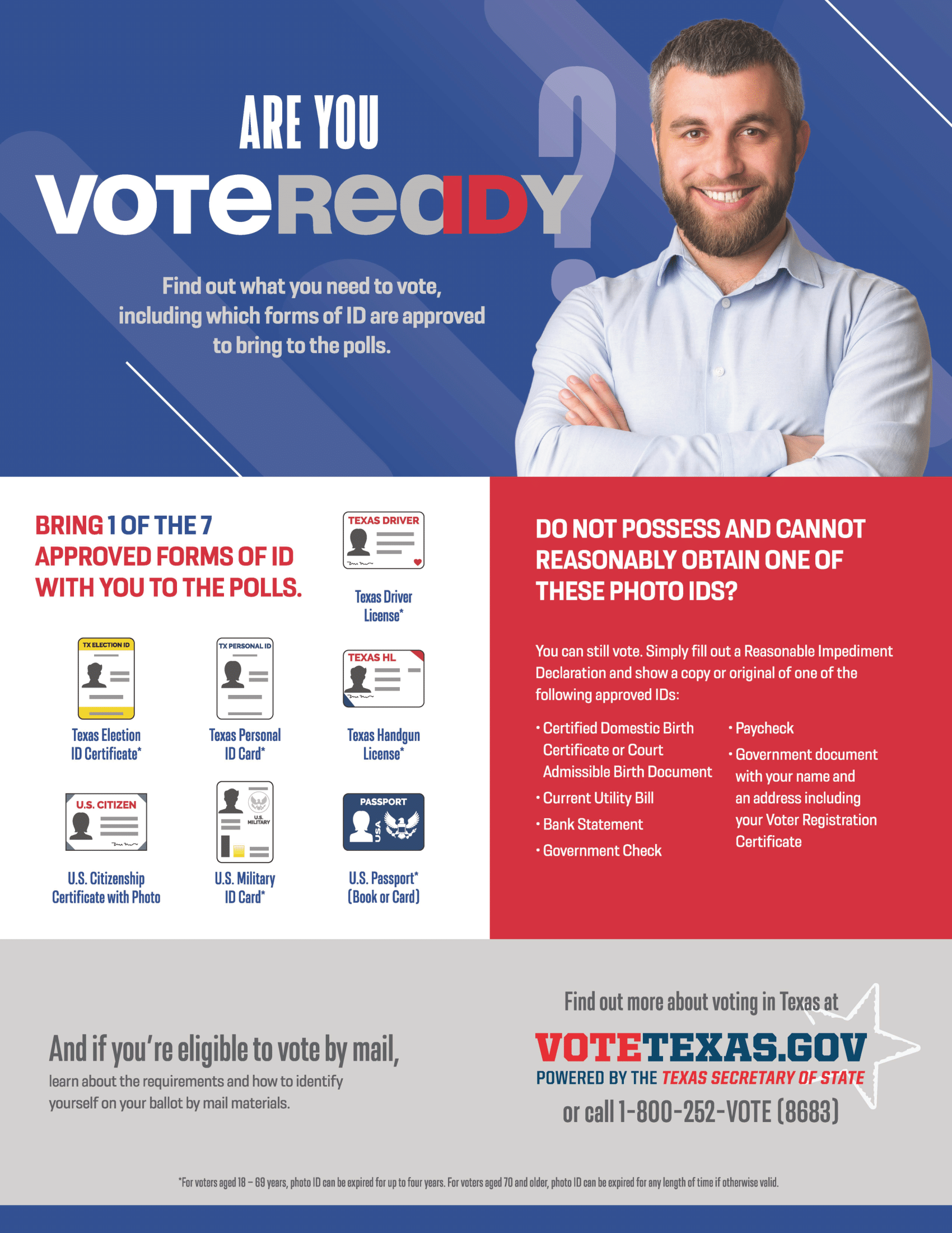 Man smiling, voter registration graphic with required ID examples and website info.