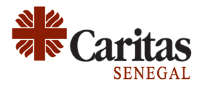 The logo for caritas senegal has a red cross on it