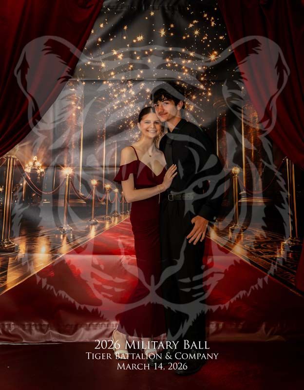 A couple in formal attire stands on a red carpet in a banquet hall, overlaid with a transparent tiger head graphic.
