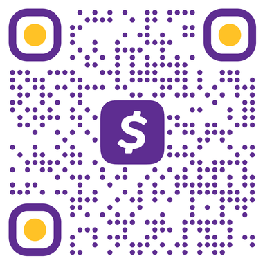 A purple Cash App QR code with a central dollar sign icon on a white background.