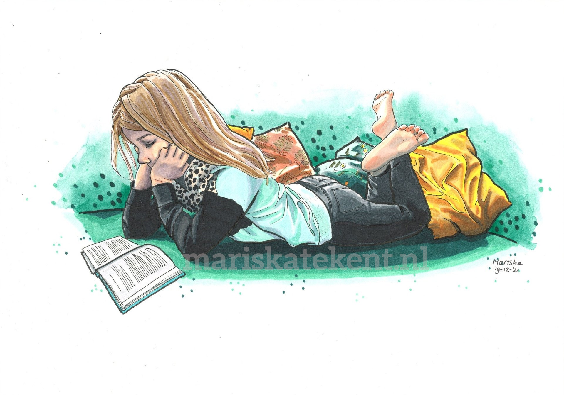 Tekening lezend meisje Bobbie Mariska tekent zelfportret