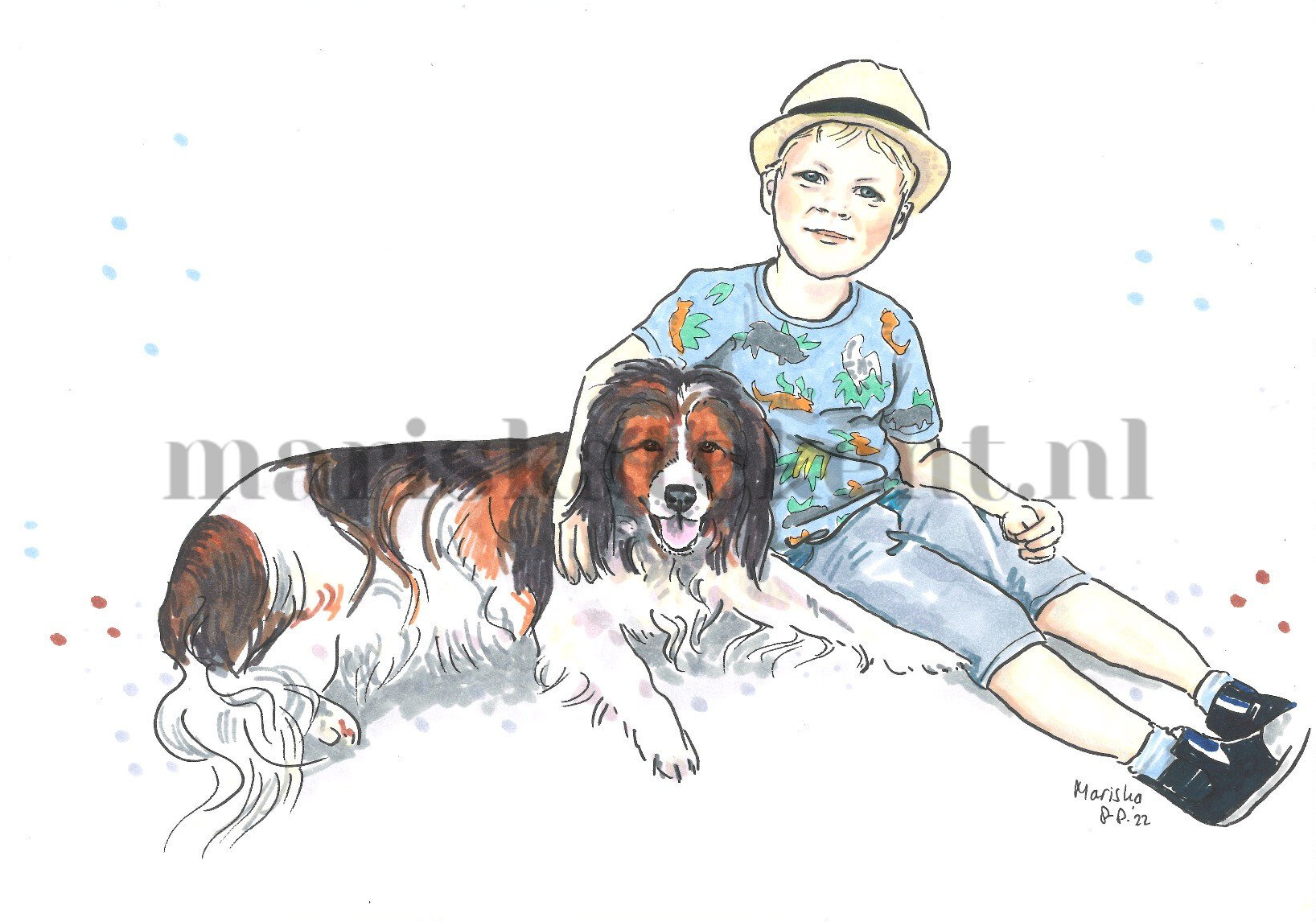 Mariska tekent tekening jongen Felix met hond