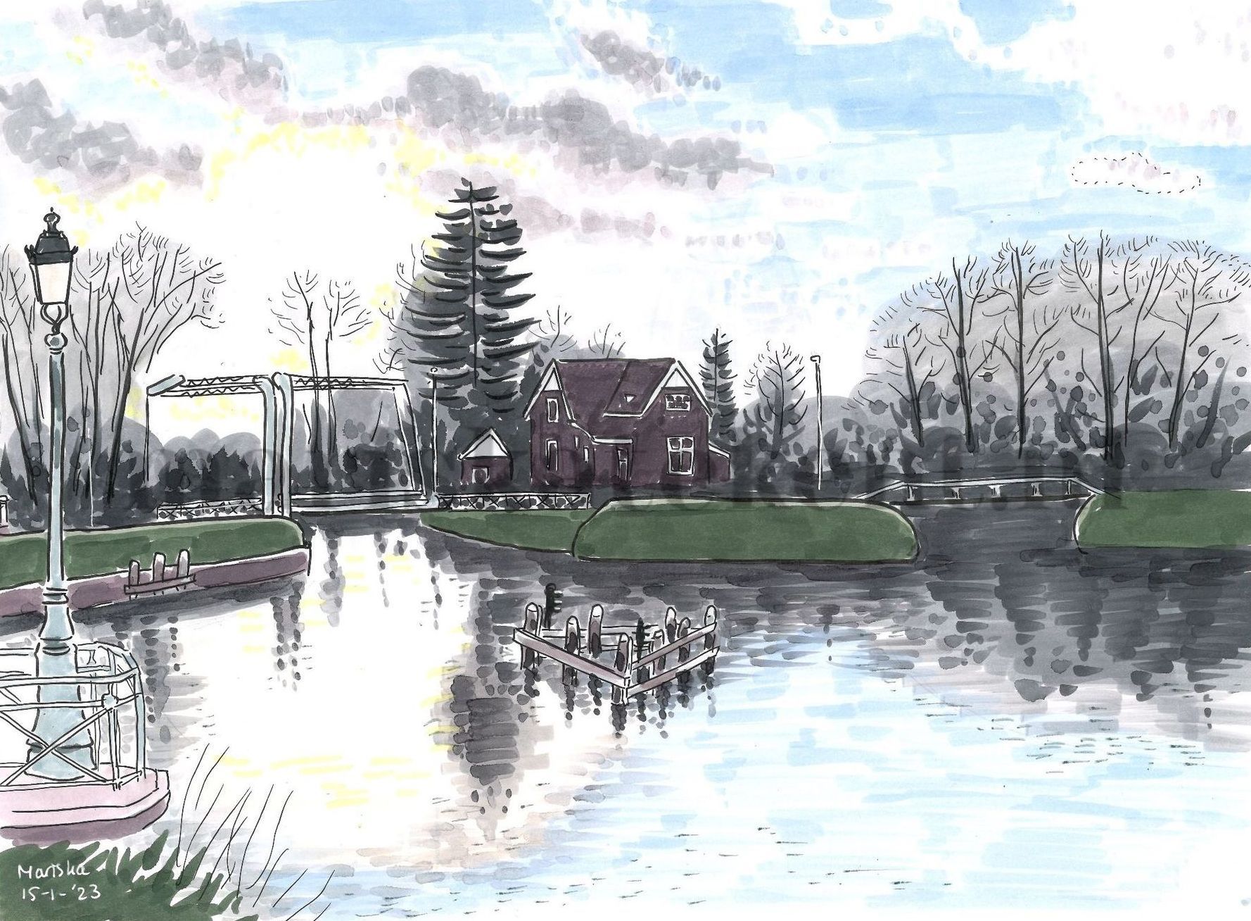 Tekening Munt Oog in Al Utrecht zonsondergang Mariska