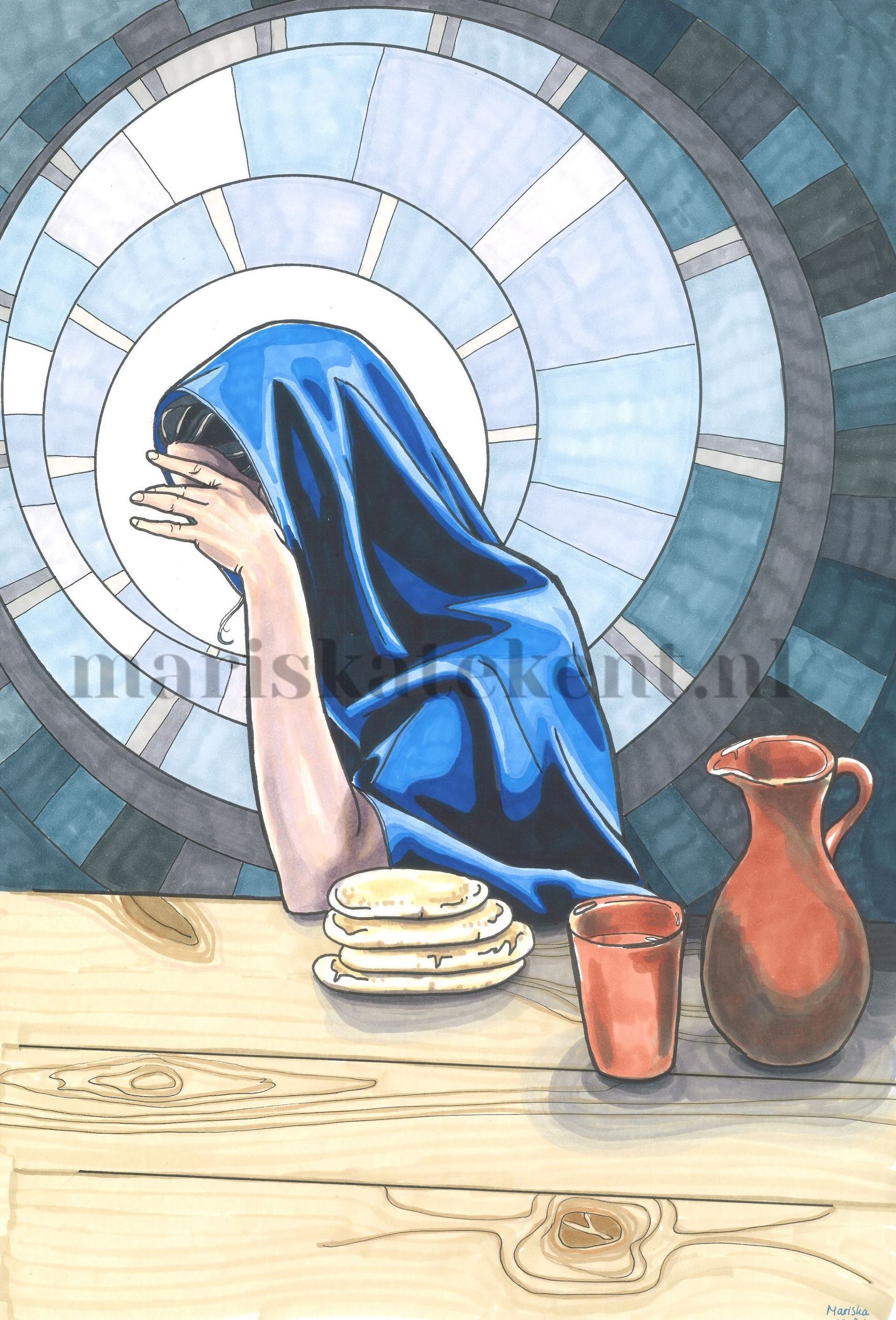 Mariska tekent tekening heilige Maria rouw brood wijn