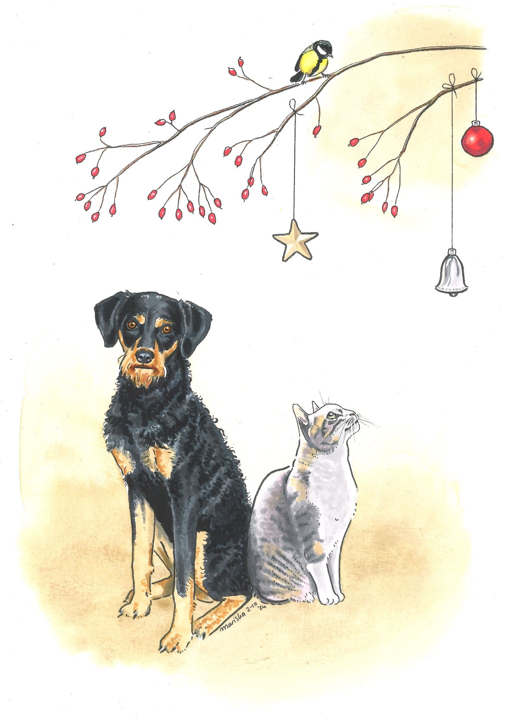 Kerst hond kat Mariska tekent