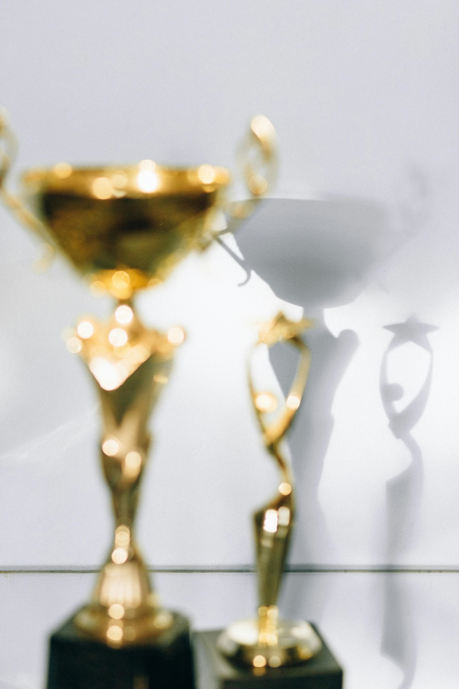 Two golden trophies on black bases, casting shadows on a white surface.