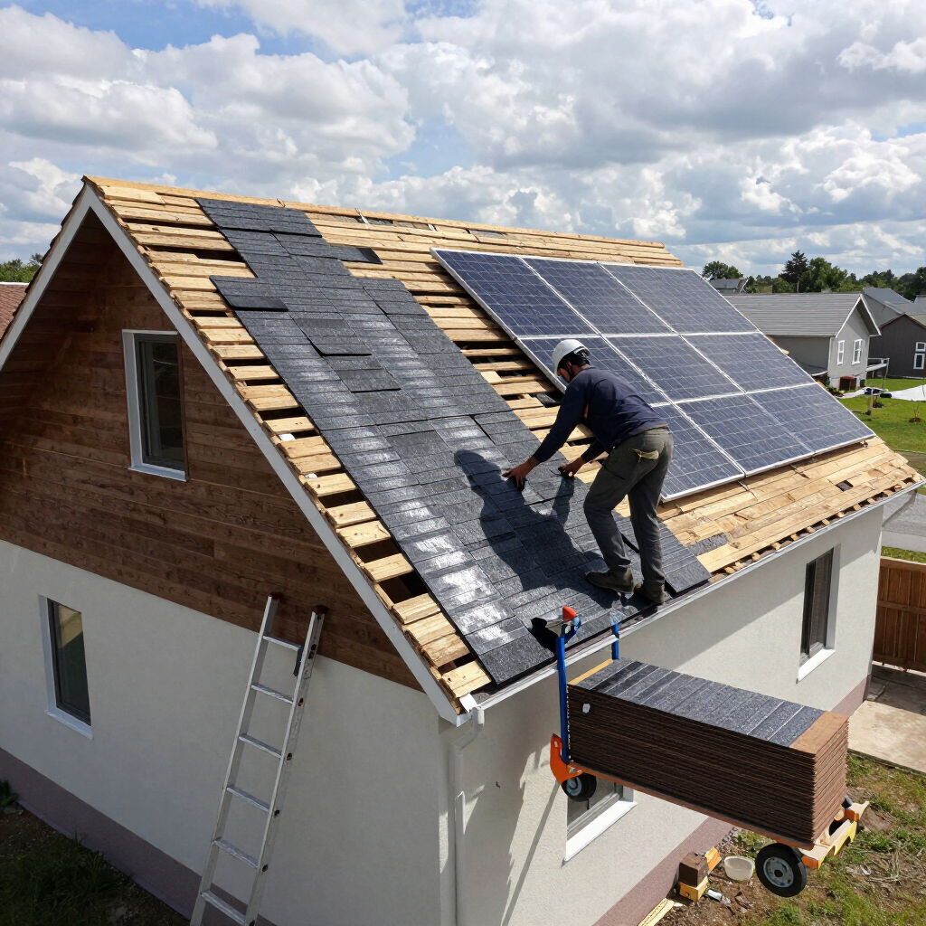 Worker installing solar panels on a sloped roof of a house under cloudy sky