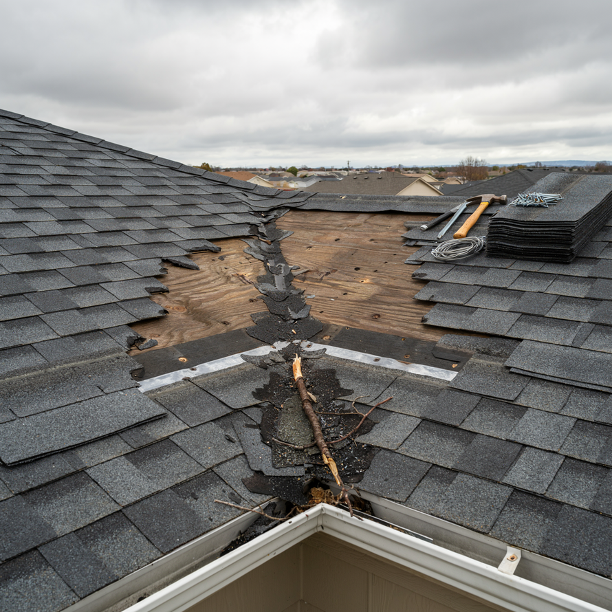 Severely damaged shingle roof with a large collapsed section exposing the underlayment and rafters.
