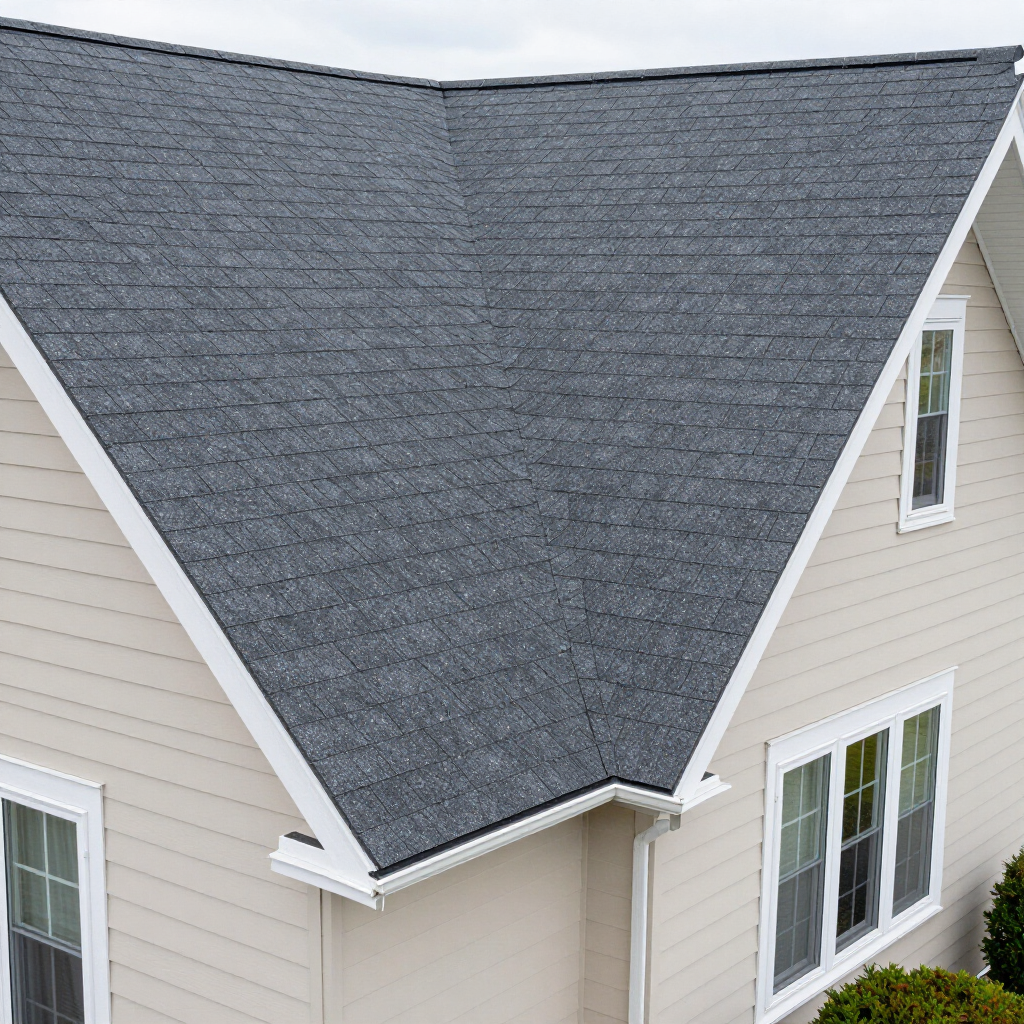 Gray shingled roof over beige house exterior with white trim and windows