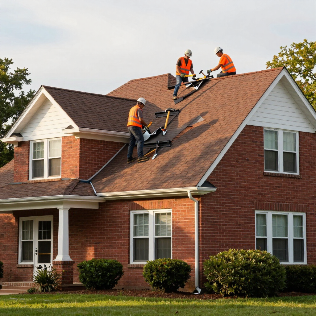 Roofers working on a red brick house roof with shingles and ladders