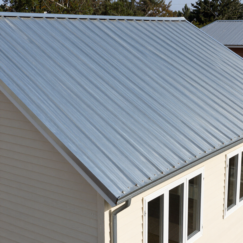 Gray metal roof on a house with beige siding and white-trimmed windows