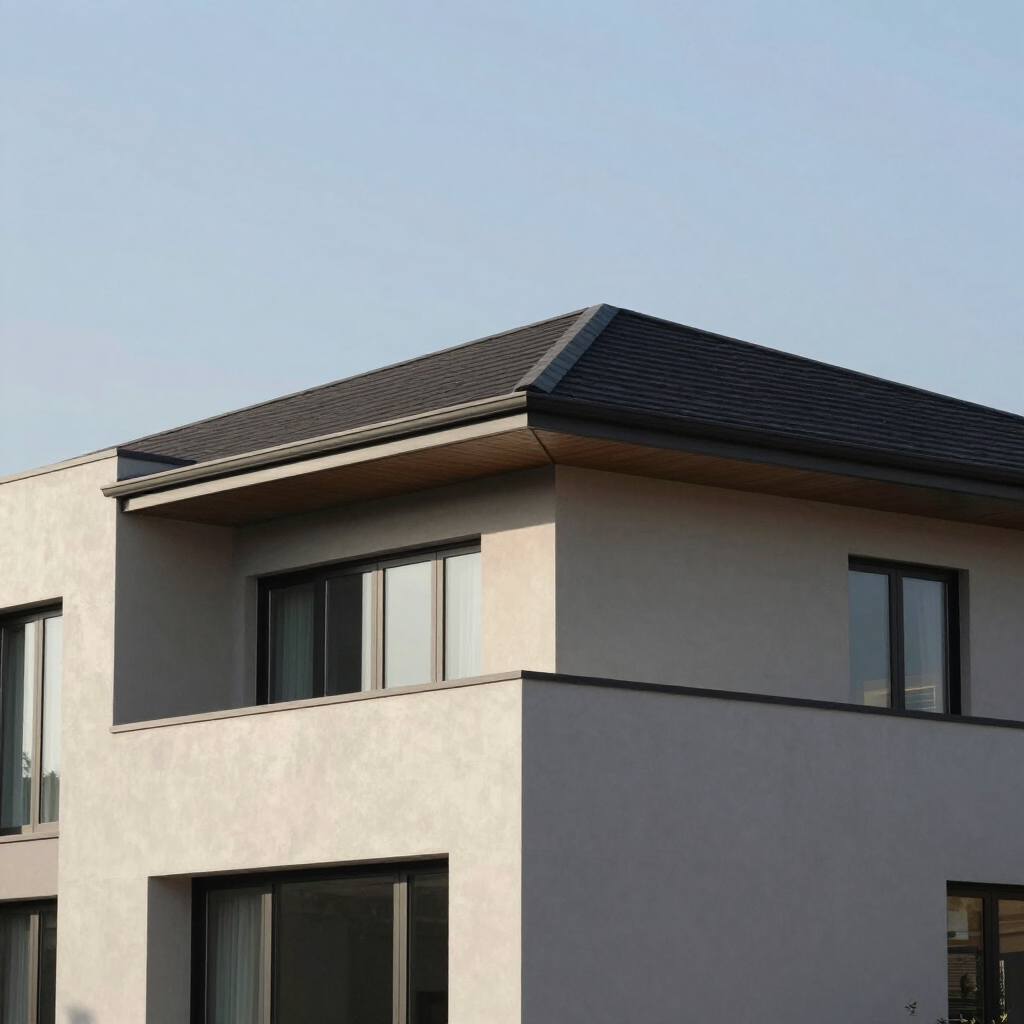 Modern two-story beige house with a dark tiled roof against a clear sky