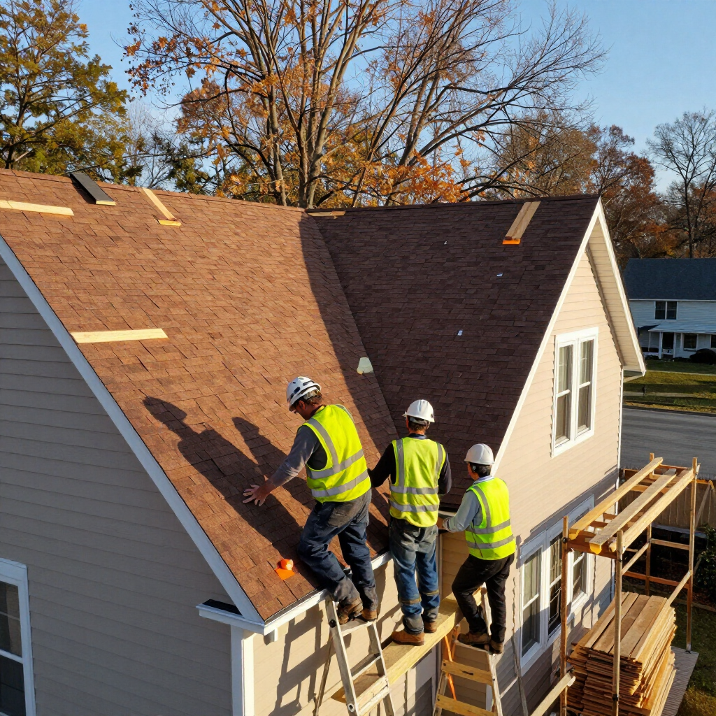 Three roofers in safety vests working on a house roof beside scaffolding