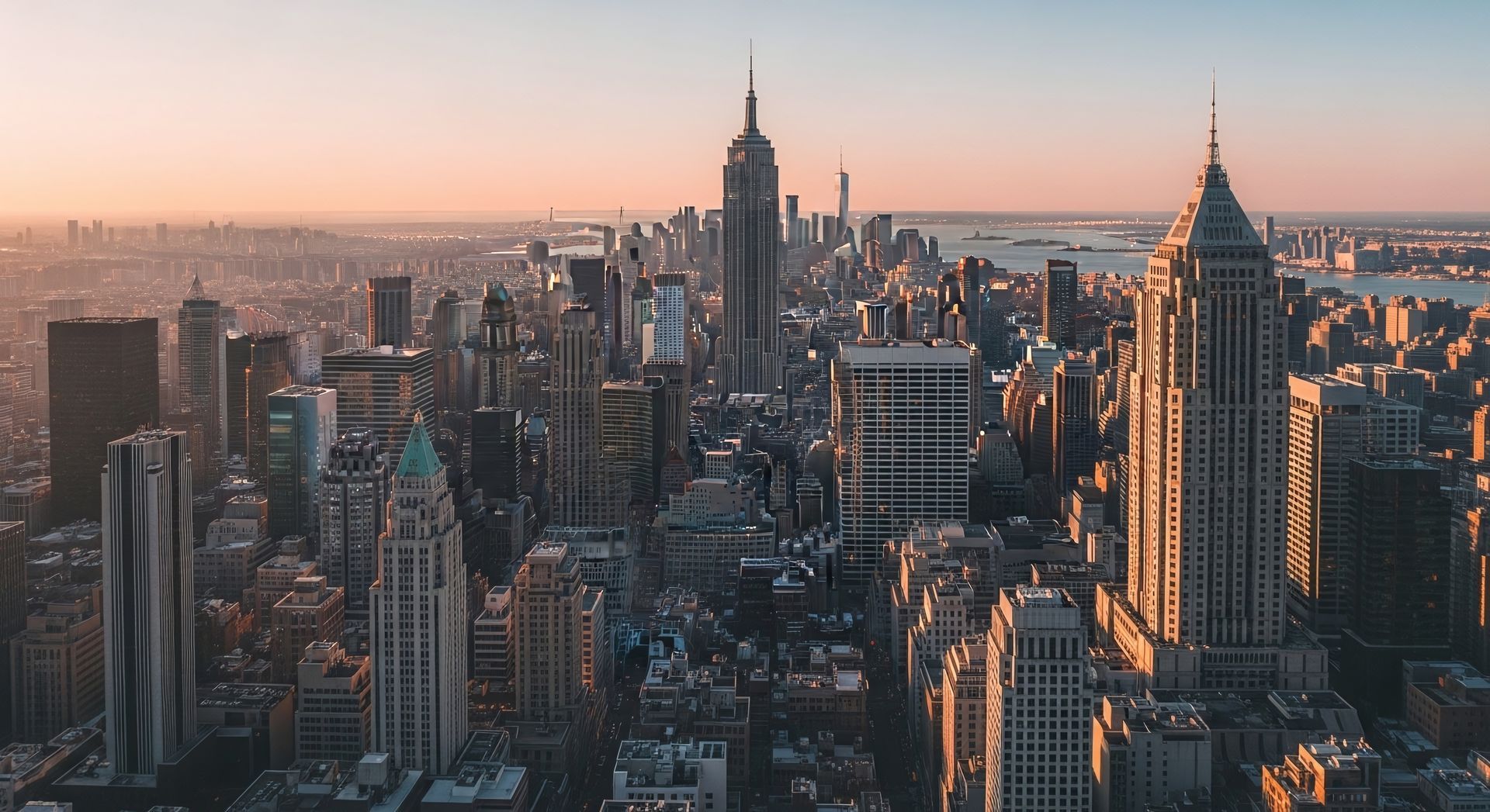 City skyline, including the Empire State Building, at sunset.