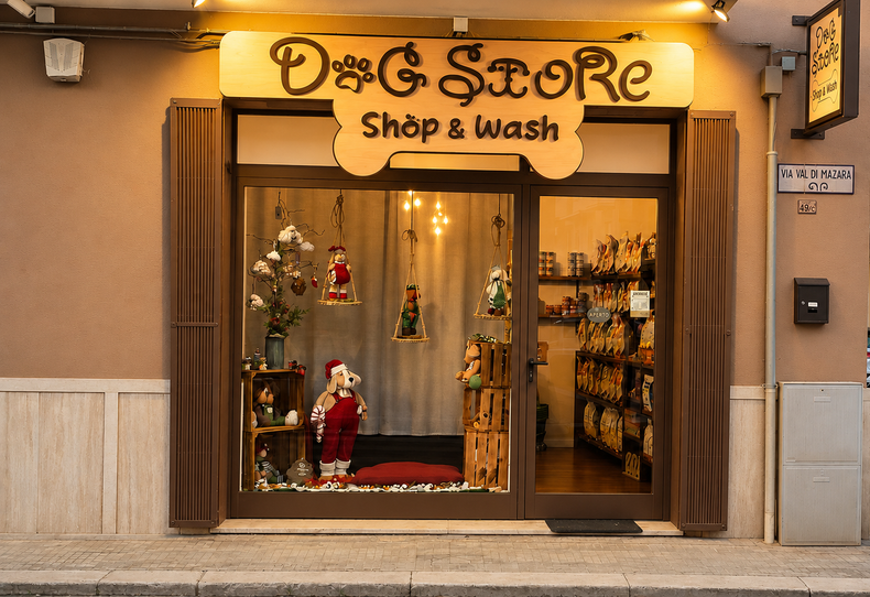 Negozio per cani con insegna