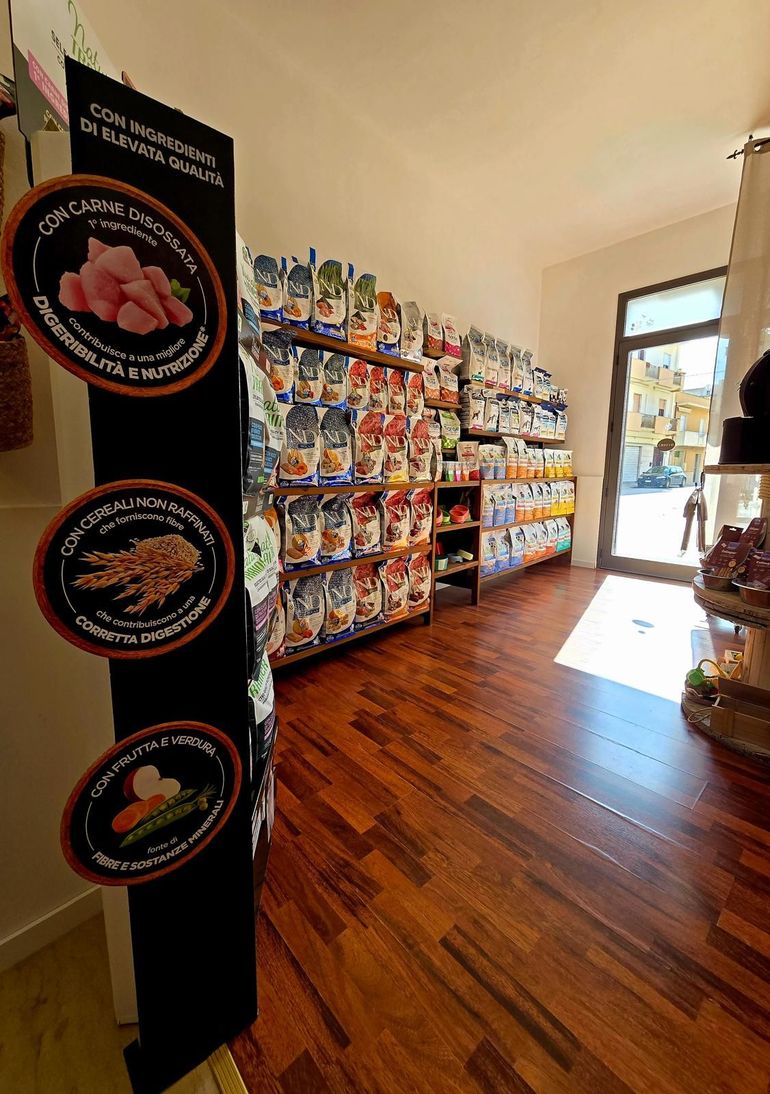 Stretto corridoio del negozio con scaffali pieni di snack e prodotti colorati, pavimento in legno e luce del sole che entra dalla vetrina.