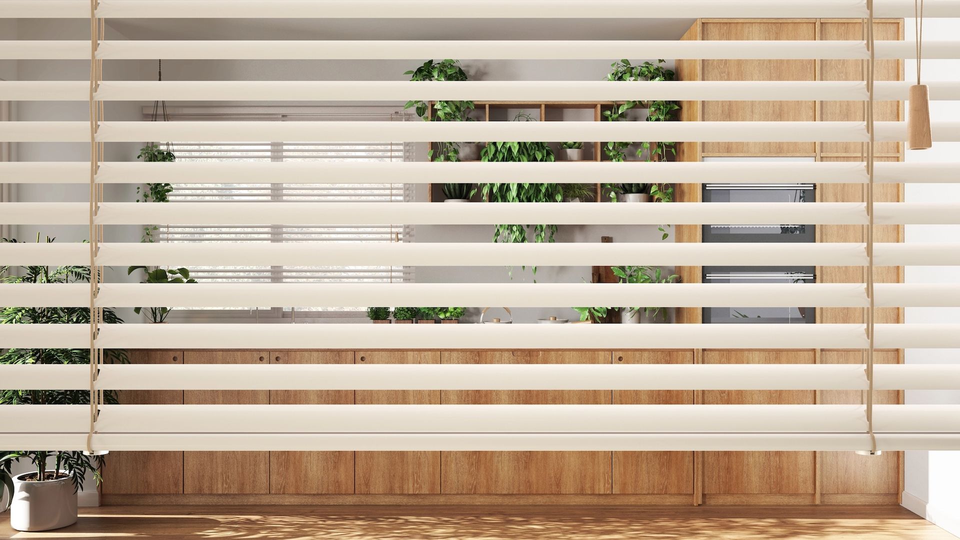 White window blinds with sunlight, a potted plant, and a wooden sill in a bright room