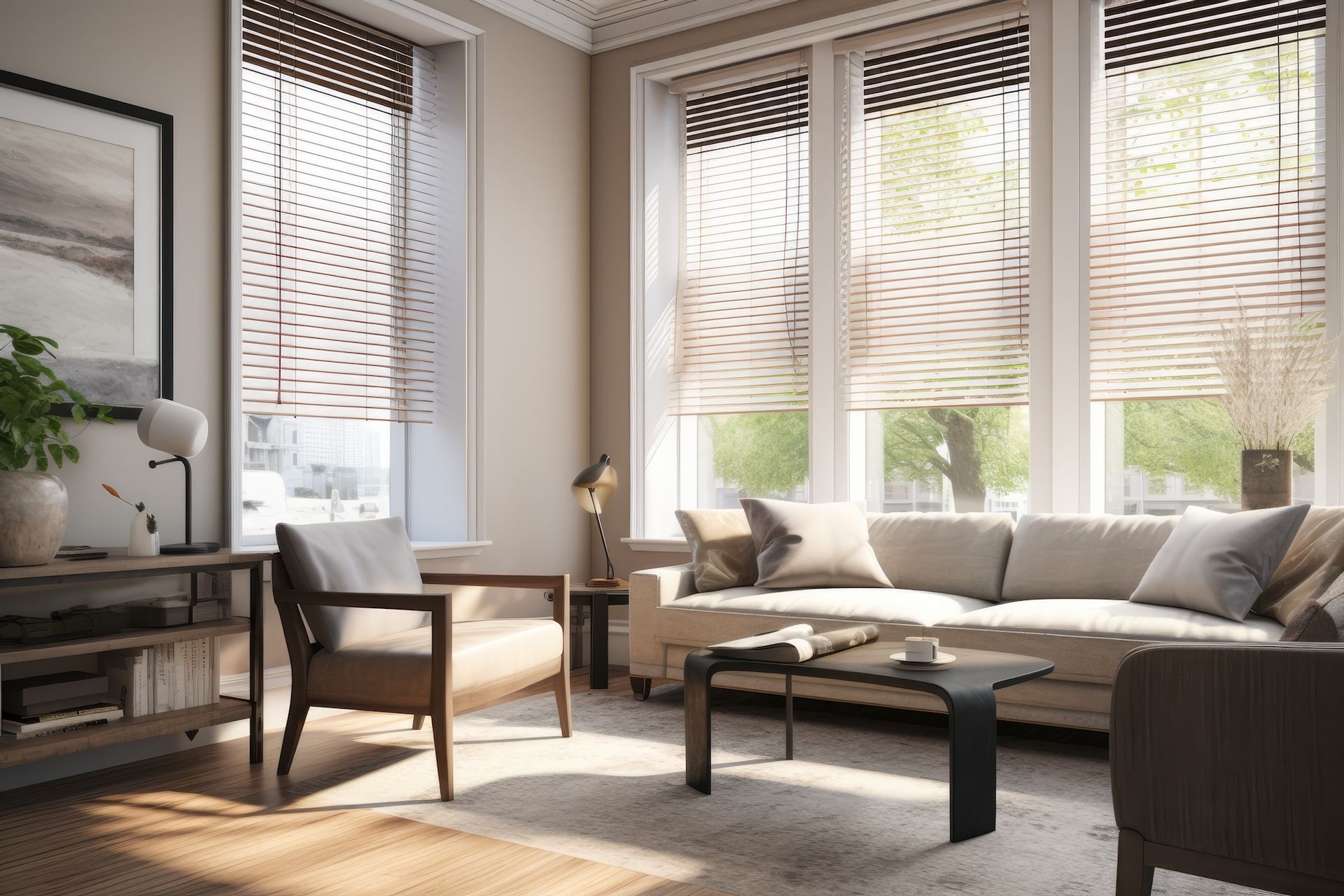 Sunlit living room with large windows, beige sofa, armchair, coffee table, and wooden side table