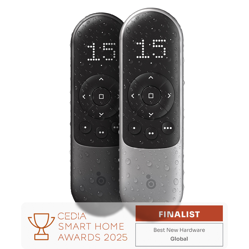 Two black handheld remotes with 1.5 displays and a CEDIA Smart Home Awards finalist badge