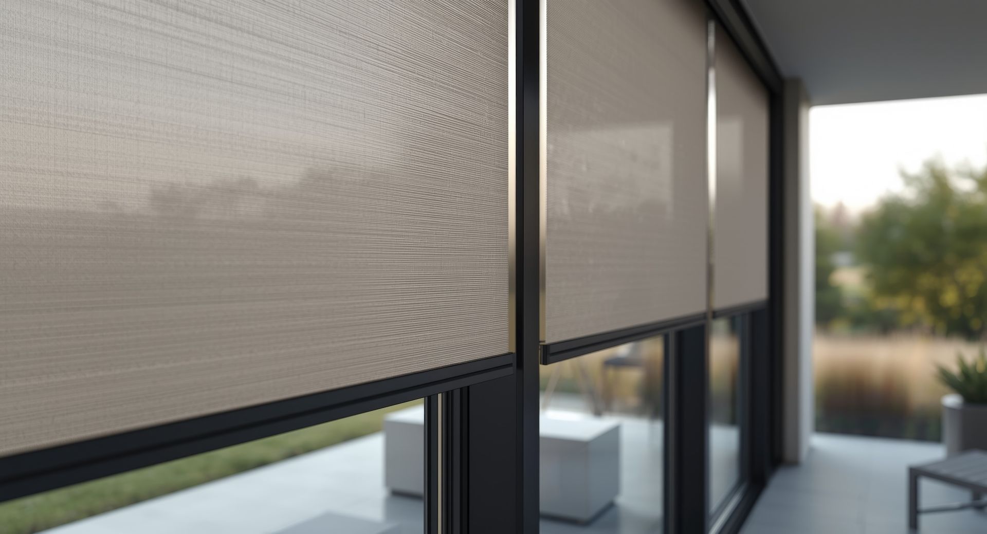 Close-up of gray roller shades inside a modern patio with outdoor seating and greenery beyond.