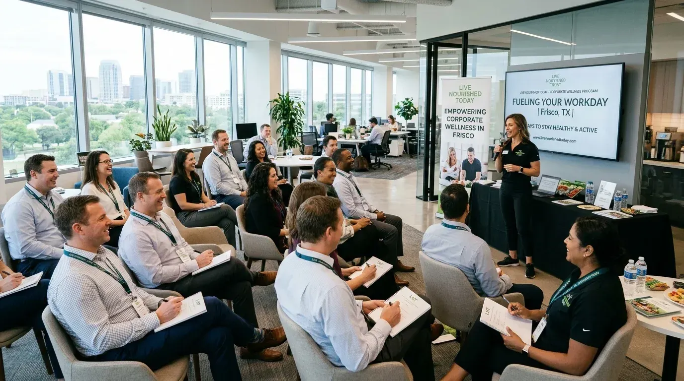 Registered dietitian leading a corporate wellness program for employees at a Frisco, TX office