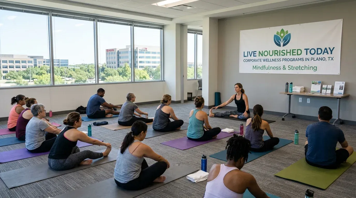 Registered dietitian leading a corporate wellness workshop for employees at a Plano, TX office
