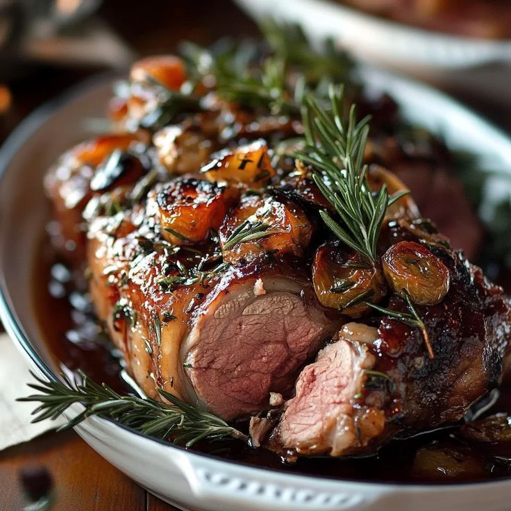 A close up of a piece of meat with mushrooms and rosemary