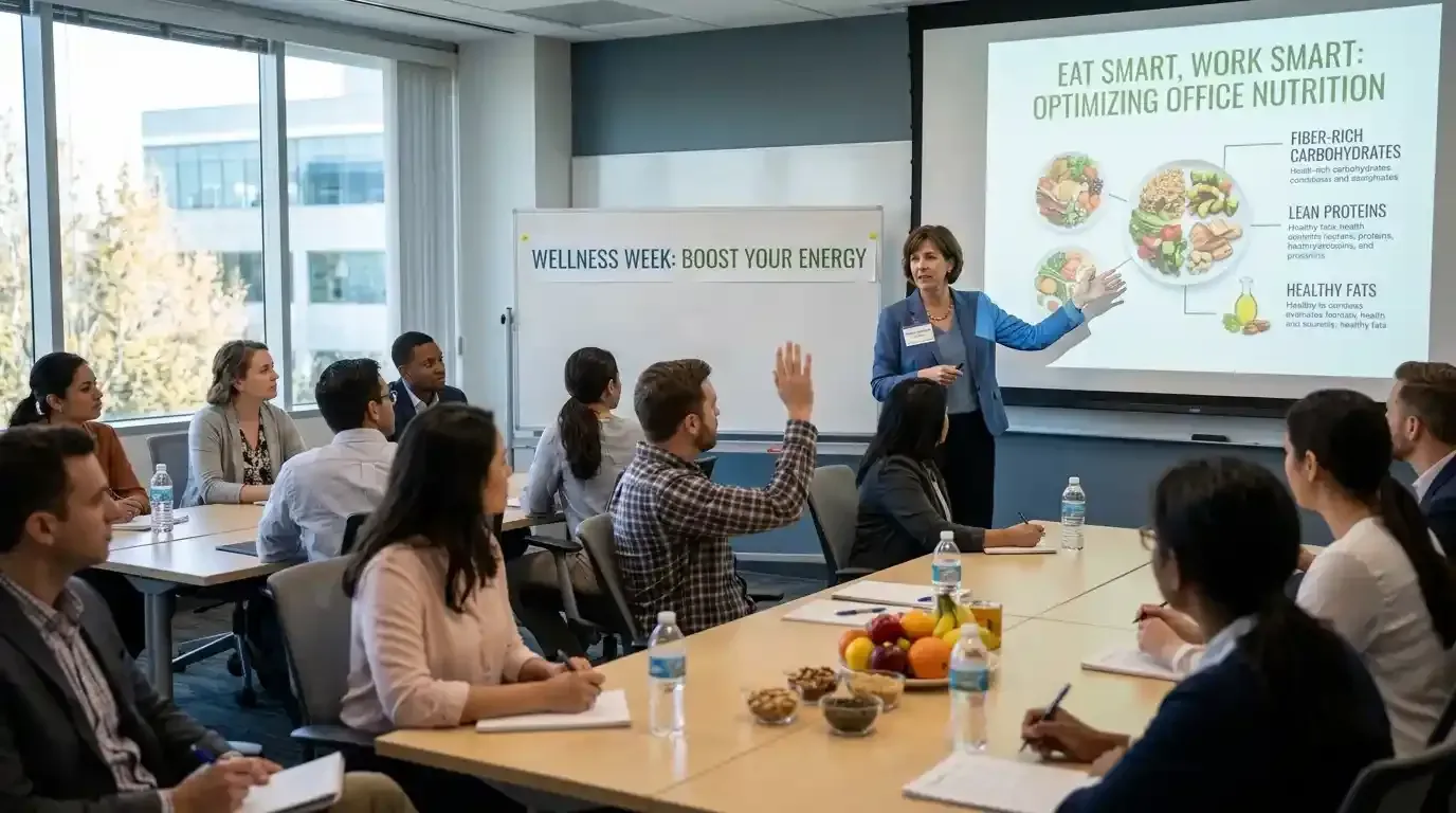 Registered dietitian leading a corporate wellness lunch and learn for employees in a Dallas, TX office