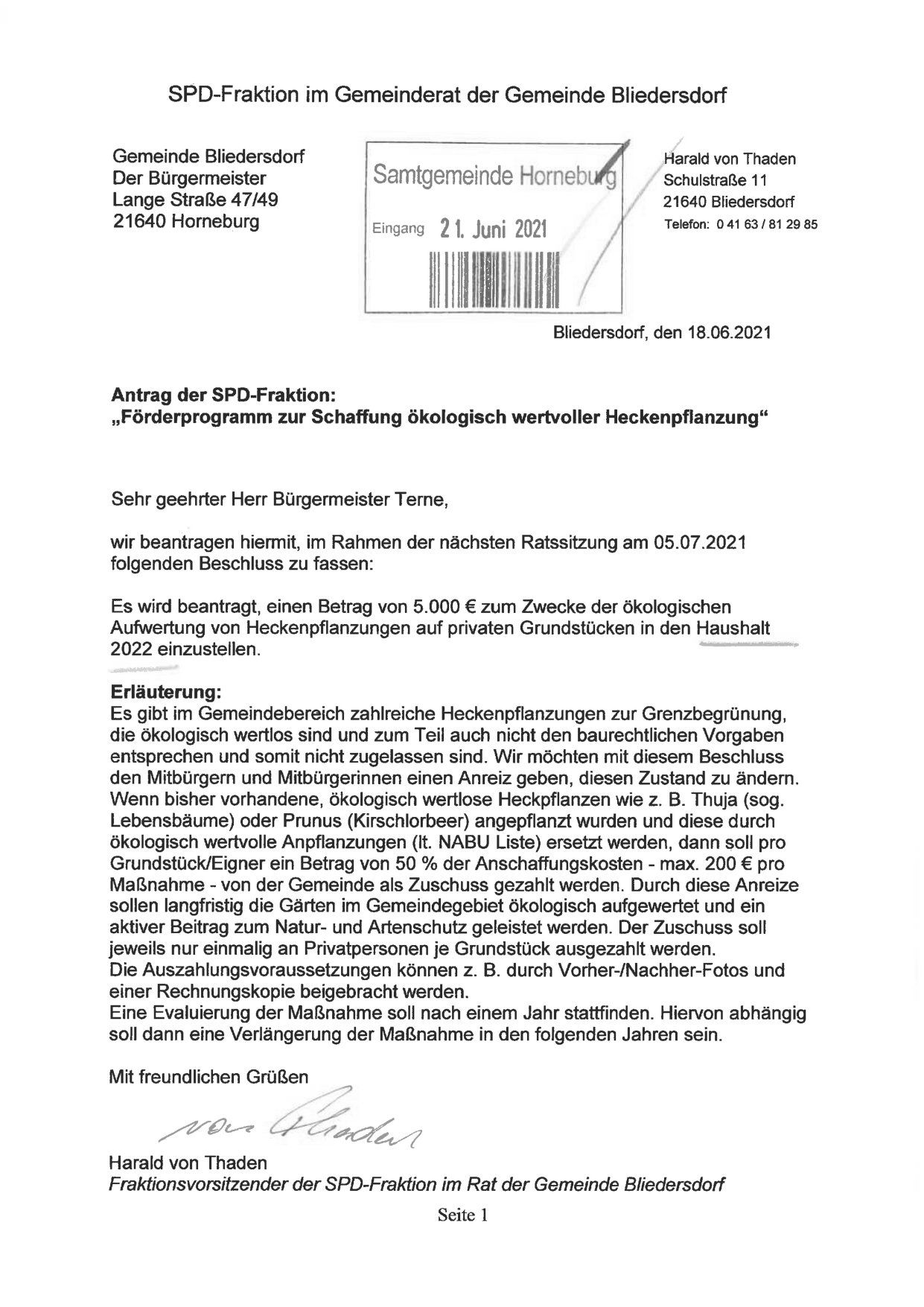 SPD-Bliedersdorf will Förderprogramm zur Anpflanzung ökologisch wertvoller Hecken