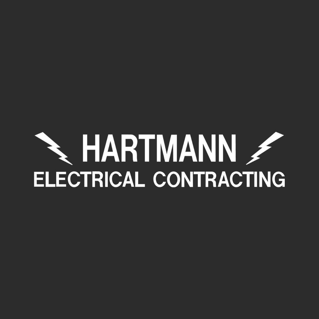 Hartmann Electrical Contracting logo on dark background with white lightning bolt icons