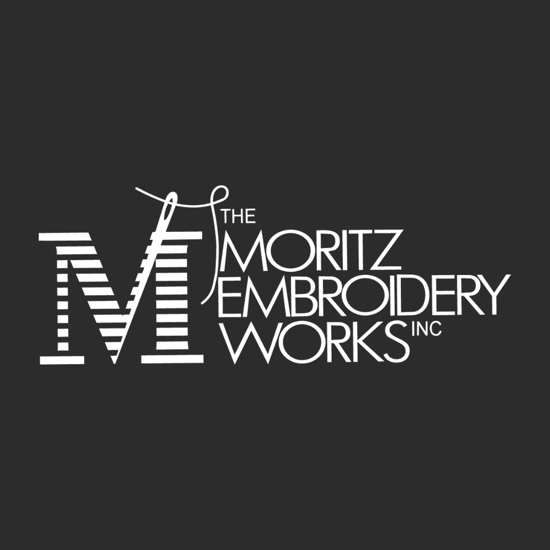 White logo reading “The Moritz Embroidery Works, Inc.” on a dark gray background.