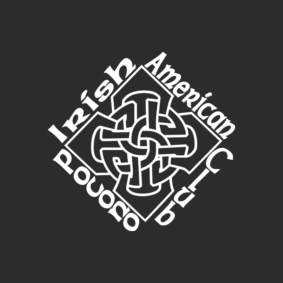 White Irish American Society logo with a Celtic knot on a dark background