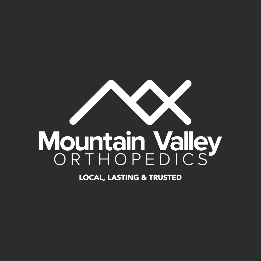 Mountain Valley Orthopedics logo in white on dark gray background, with mountain icon and tagline “Local, Lasting & Trusted”