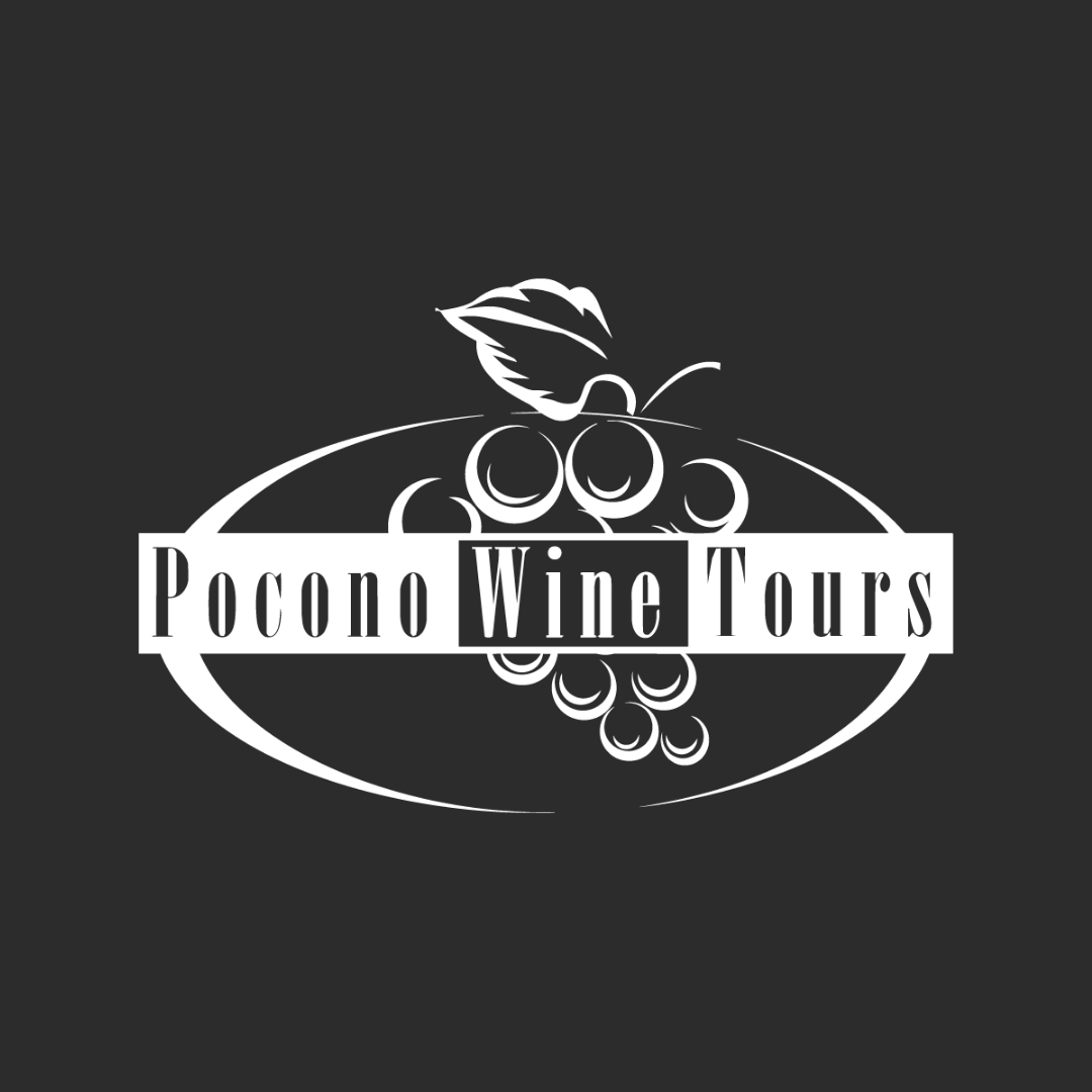 Pocono Wine Tours logo with white grapes and text on a dark background