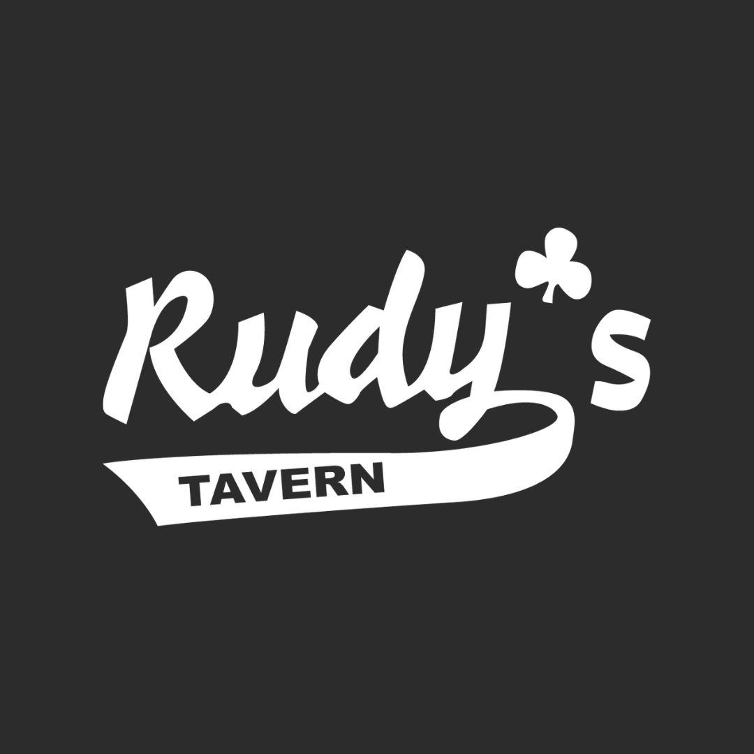 White “Rudy’s Tavern” logo on a dark background with a small star accent