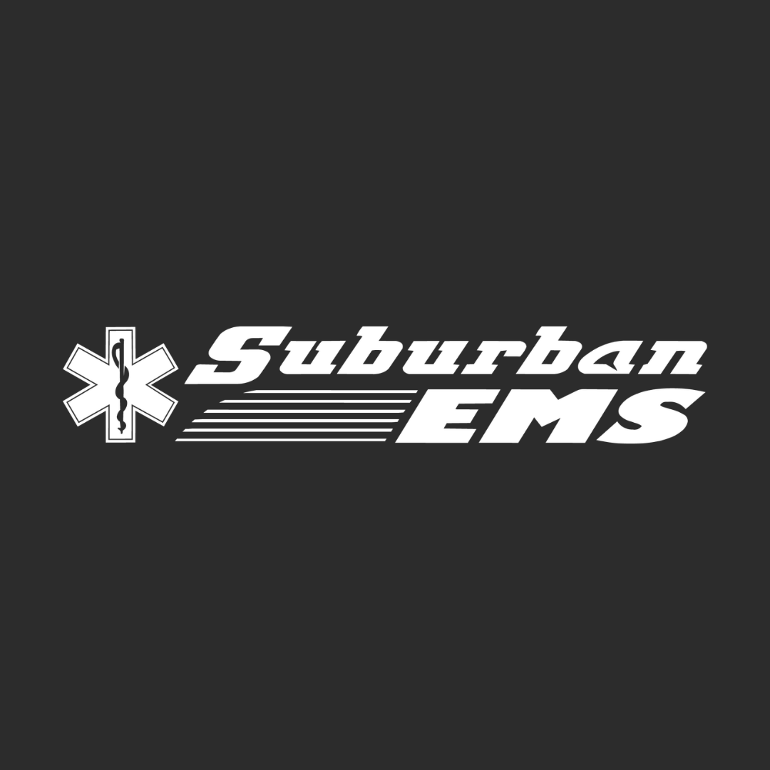 White Suburban EMS logo with star-of-life symbol on a dark gray background